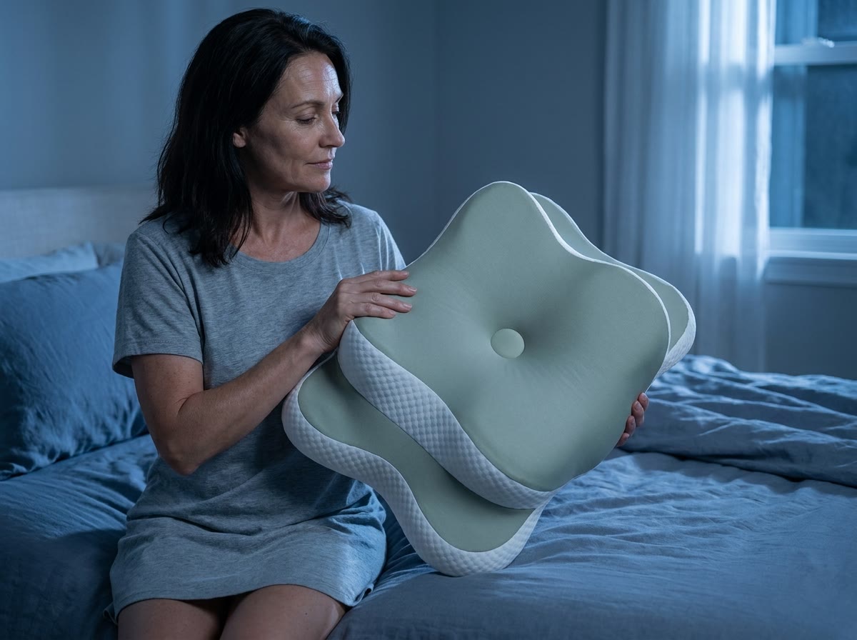 A woman in her forties turns her Sage Nightfall pillow so a raised wing faces her.