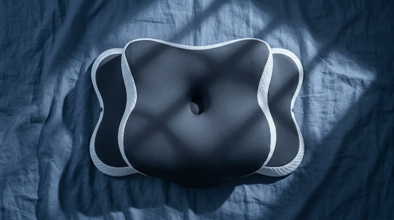 The Charcoal Nightfall pillow seen from above, showing the center dip, the raised wings, the neck curve, and the white mesh edge.