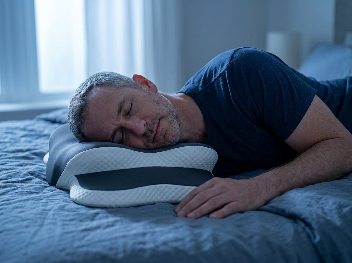 A man in his late forties asleep on his side, his head resting on the wing of a Charcoal Nightfall pillow.