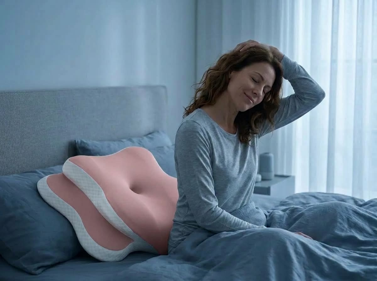 A woman in her forties sits up in cool morning light, rested, beside her Dusk Rose Nightfall pillow.